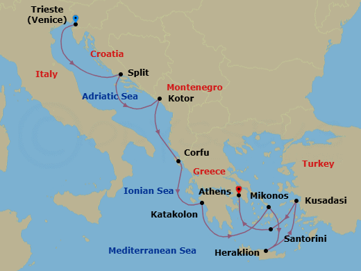 9 Night - Mediterranean with Greek Isles & Adriatic - Enchanted Princess - Starting in Trieste (for Venice), Italy, Split, Croatia, Kotor, Montenegro, Corfu, Greece, Katakolon (for Olympia), Greece, Mykonos, Greece, Crete (Heraklion), Greece, Kusadasi, Turkey (for Ephesus), Santorini, Greece, Athens (Piraeus), Greece itinerary map