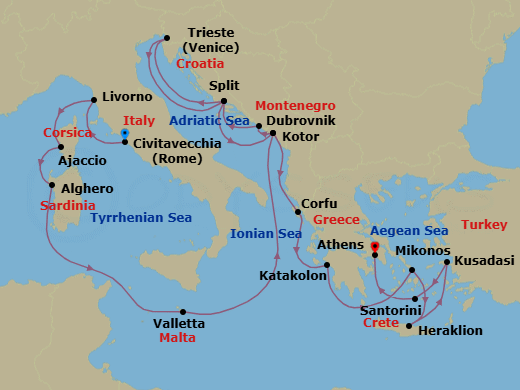 19 Night - The Best of the Mediterranean - Enchanted Princess - Starting in Civitavecchia (for Rome), Italy, Livorno (for Florence / Pisa), Italy, Corsica (Ajaccio), France, Sardinia (Alghero), Italy, Valletta, Malta, Kotor, Montenegro, Dubrovnik, Croatia, Split, Croatia, Trieste (for Venice), Italy, Split, Croatia, Kotor, Montenegro, Corfu, Greece, Katakolon (for Olympia), Greece, Mykonos, Greece, Crete (Heraklion), Greece, Kusadasi, Turkey (for Ephesus), Santorini, Greece, Athens (Piraeus), Greece itinerary map