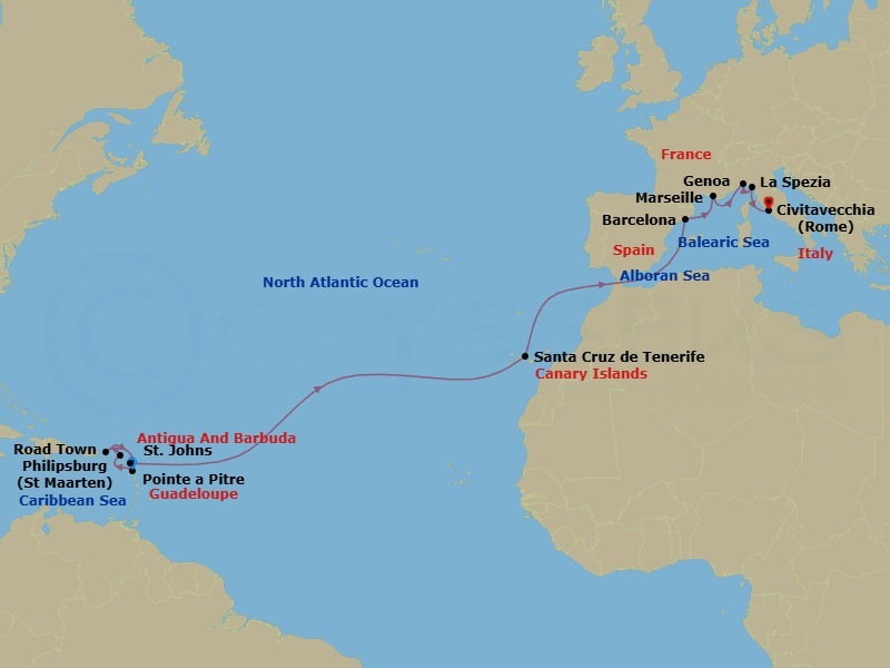 17 Night - East Caribbean - MSC World Europa - Starting in Pointe-A-Pitre, Guadeloupe, Philipsburg, St Maarten, Road Town (Tortola), British Virgin Islands, St Johns AG, Antigua, Santa Cruz de Tenerife, Barcelona, Spain, Marseille (Provence), France, Genoa (Portofino), Italy, La Spezia (Cinque Terre), Italy, Civitavecchia (Rome), Italy itinerary map