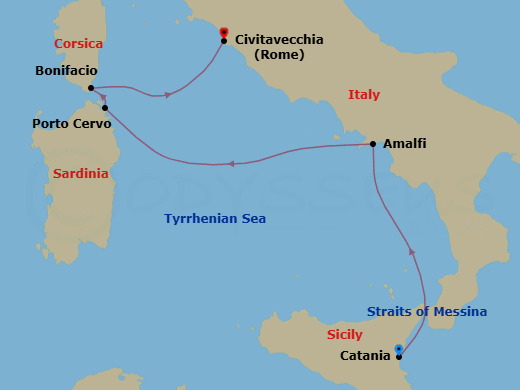 5 Night - Catania to Rome - World Traveller - Starting in Catania (Sicily), Amalfi (Ravello), Italy, Porto Cervo (Sardinia), Bonifacio (Corsica), Civitavecchia (Rome) itinerary map