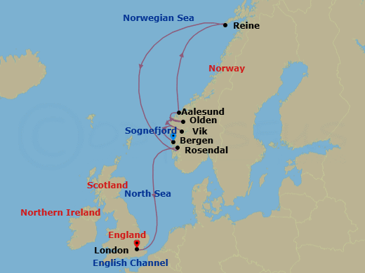 11 Night - Bergen to London - World Voyager - Starting in Bergen, Sognefjord Scenic Navigation, Vik (Sognefjord), Olden, Alesund, Reine (Lofoten Islands), Norway, Rosendal, London (Tower Bridge) itinerary map