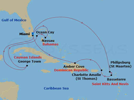 14 Night - Caribbean and Antilles - MSC Seashore - Starting in Miami, Florida, Nassau, Bahamas, Ocean Cay Msc Marine Reserve, Bahamas, George Town, Cayman Islands, Miami, Florida, Philipsburg, Saint Martin, Basseterre, St Kitts and Nevis, Charlotte Amalie (St Thomas) Virgin Islands, Amber Cove, Dominican Republic, Miami, Florida itinerary map