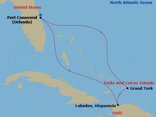 5 Night - Eastern Caribbean Getaway - Adventure of the Seas - Starting in Orlando (Port Canaveral), Fl, Grand Turk, Turks and Caicos, Labadee, Haiti, Orlando (Port Canaveral), Fl itinerary map