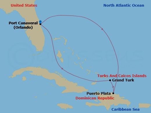 5 Night - Eastern Caribbean Getaway - Adventure of the Seas - Starting in Orlando (Port Canaveral), Fl, Puerto Plata, Dominican Republic, Grand Turk, Turks and Caicos, Orlando (Port Canaveral), Fl itinerary map