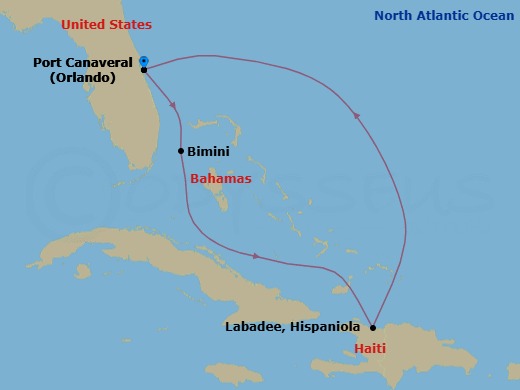 5 Night - Eastern Caribbean Getaway Cruise - Adventure of the Seas - Starting in Orlando (Port Canaveral), Fl, Bimini, Bahamas, Labadee, Haiti, Orlando (Port Canaveral), Fl itinerary map