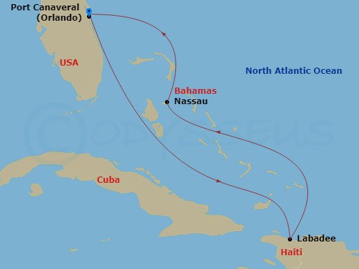 5 Night - Eastern Caribbean Getaway - Adventure of the Seas - Starting in Orlando (Port Canaveral), Fl, Labadee, Haiti, Nassau, Bahamas, Orlando (Port Canaveral), Fl itinerary map
