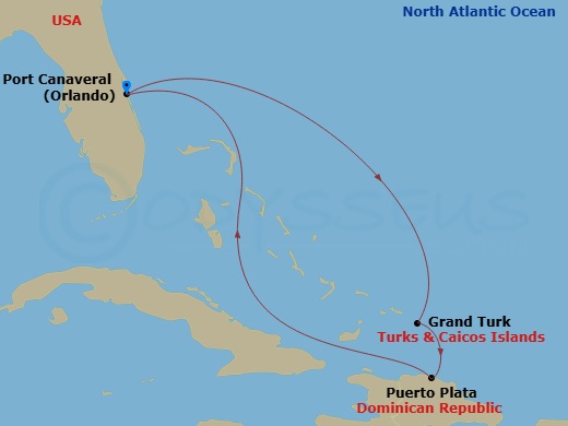 5 Night - Eastern Caribbean Getaway - Adventure of the Seas - Starting in Orlando (Port Canaveral), Fl, Grand Turk, Turks and Caicos, Puerto Plata, Dominican Republic, Orlando (Port Canaveral), Fl itinerary map