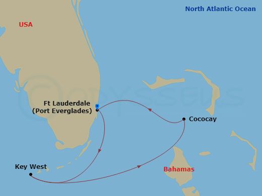 3 Night - Perfect Day Cococay & Key West - Jewel of the Seas - Starting in Fort Lauderdale, Florida, Key West, Florida, Perfect Day Cococay, Bahamas, Fort Lauderdale, Florida itinerary map