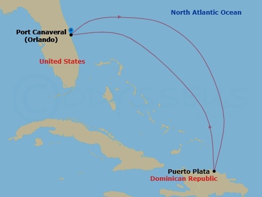 4 Night - Eastern Caribbean Getaway - Adventure of the Seas - Starting in Orlando (Port Canaveral), Fl, Puerto Plata, Dominican Republic, Orlando (Port Canaveral), Fl itinerary map