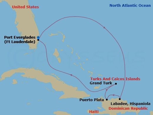 6 Night - Eastern Caribbean Cruise - Explorer of the Seas - Starting in Fort Lauderdale, Florida, Puerto Plata, Dominican Republic, Labadee, Haiti, Grand Turk, Turks and Caicos, Fort Lauderdale, Florida itinerary map