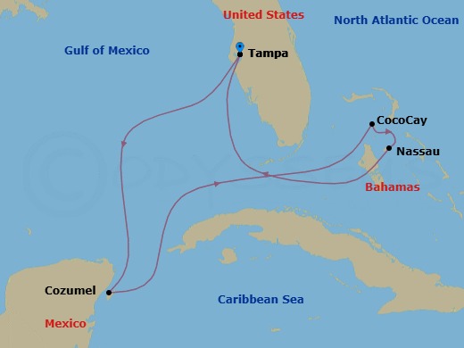 7 Night - Perfect Day Cococay & West Carib - Enchantment of the Seas - Starting in Tampa, Florida, Cozumel, Mexico, Perfect Day Cococay, Bahamas, Nassau, Bahamas, Tampa, Florida itinerary map