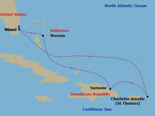 7 Night - Eastern Caribbean Cruise - Independence of the Seas - Starting in Miami, Florida, Charlotte Amalie, St Thomas, Samana, Dominican Republic, Nassau, Bahamas, Miami, Florida itinerary map