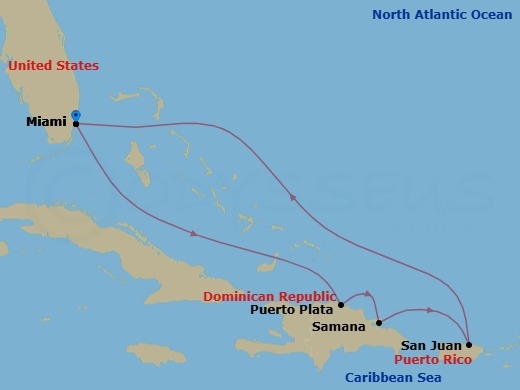 7 Night - Eastern Caribbean Cruise - Independence of the Seas - Starting in Miami, Florida, Puerto Plata, Dominican Republic, Samana, Dominican Republic, San Juan, Puerto Rico, Miami, Florida itinerary map