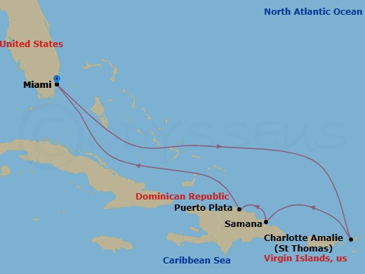 7 Night - Eastern Caribbean Cruise - Independence of the Seas - Starting in Miami, Florida, Charlotte Amalie, St Thomas, Samana, Dominican Republic, Puerto Plata, Dominican Republic, Miami, Florida itinerary map