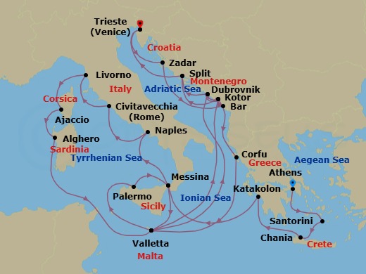 31 Night - The Best of the Mediterranean - Enchanted Princess - Starting in Athens (Piraeus), Greece, Santorini, Greece, Crete (Chania), Greece, Katakolon (for Olympia), Greece, Sicily (Messina), Italy, Valletta, Malta, Dubrovnik, Croatia, Kotor, Montenegro, Split, Croatia, Trieste (for Venice), Italy, Zadar, Croatia, Montenegro, Kotor, Montenegro, Corfu, Greece, Valletta, Malta, Sicily (Palermo), Italy, Sicily (Messina), Italy, Naples, Italy (for Capri and Pompeii), Civitavecchia (for Rome), Italy, Livorno (for Florence / Pisa), Italy, Corsica (Ajaccio), France, Sardinia (Alghero), Italy, Valletta, Malta, Kotor, Montenegro, Dubrovnik, Croatia, Split, Croatia, Trieste (for Venice), Italy itinerary map