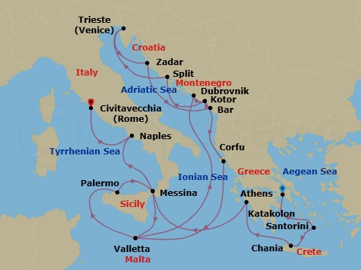21 Night - The Best of the Mediterranean - Enchanted Princess - Starting in Athens (Piraeus), Greece, Santorini, Greece, Crete (Chania), Greece, Katakolon (for Olympia), Greece, Sicily (Messina), Italy, Valletta, Malta, Dubrovnik, Croatia, Kotor, Montenegro, Split, Croatia, Trieste (for Venice), Italy, Zadar, Croatia, Montenegro, Kotor, Montenegro, Corfu, Greece, Valletta, Malta, Sicily (Palermo), Italy, Sicily (Messina), Italy, Naples, Italy (for Capri and Pompeii), Civitavecchia (for Rome), Italy itinerary map