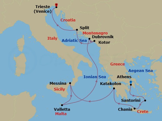 10 Night - Mediterranean with Greek Isles - Enchanted Princess - Starting in Athens (Piraeus), Greece, Santorini, Greece, Crete (Chania), Greece, Katakolon (for Olympia), Greece, Sicily (Messina), Italy, Valletta, Malta, Dubrovnik, Croatia, Kotor, Montenegro, Split, Croatia, Trieste (for Venice), Italy itinerary map
