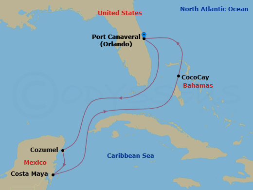 7 Night - Perfect Day Cococay & West Carib - Harmony of the Seas - Starting in Orlando (Port Canaveral), Fl, Cozumel, Mexico, Puerto Costa Maya, Mexico, Perfect Day Cococay, Bahamas, Orlando (Port Canaveral), Fl itinerary map