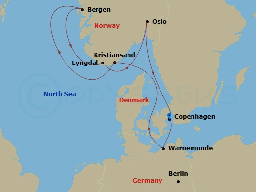 7 Night - Northern Europe - MSC Magnifica - Starting in Copenhagen, Denmark, Warnemunde (Berlin), Germany, Kristiansand, Norway, Bergen, Norway, Lyngdal, Norway, Oslo, Norway, Copenhagen, Denmark itinerary map