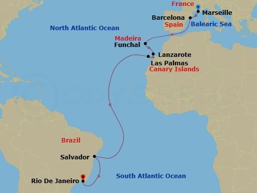 16 Night - Msc Grand Voyages - MSC Virtuosa - Starting in Marseille (Provence), France, Barcelona, Spain, Funchal (Madeira Islands), Portugal, Arrecife De Lanzarote (Canary Islands), Spain, Las Palmas de Gran Canaria (Canary Islands), Spain, Salvador, Brazil, Rio De Janeiro, Brazil itinerary map