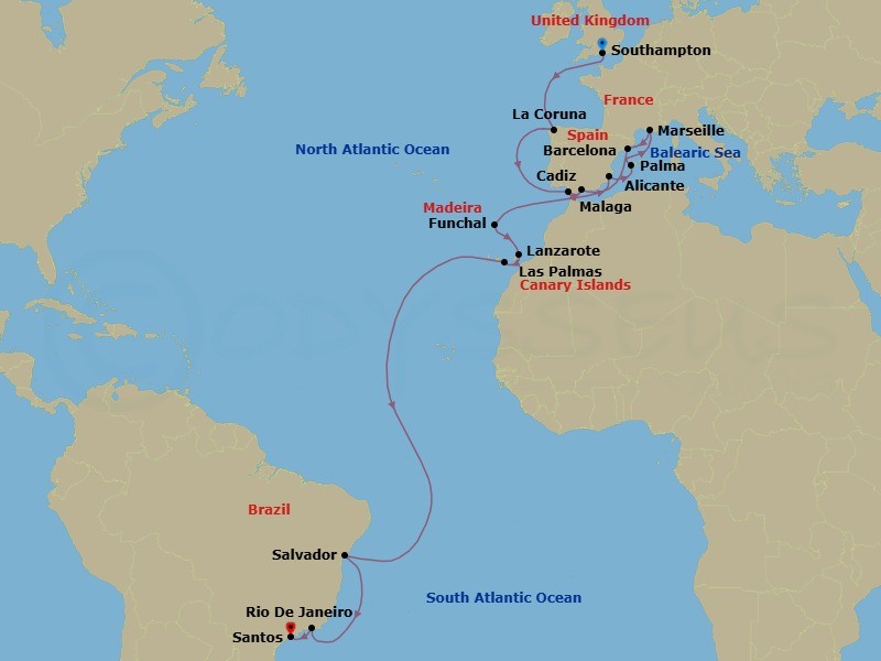 25 Night - Msc Grand Voyages - MSC Virtuosa - Starting in Southampton (London), United Kingdom, La Coruna (Santiago De Compostela), Spain, Cadiz (Seville), Spain, Malaga (Granada), Spain, Alicante, Spain, Palma De Mallorca (Baleari Is), Spain, Marseille (Provence), France, Barcelona, Spain, Funchal (Madeira Islands), Portugal, Arrecife De Lanzarote (Canary Islands), Spain, Las Palmas de Gran Canaria (Canary Islands), Spain, Salvador, Brazil, Rio De Janeiro, Brazil, Santos (Sao Paulo), Brazil itinerary map
