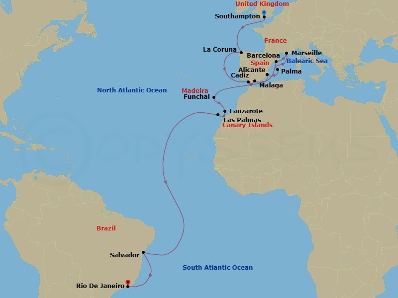 24 Night - Msc Grand Voyages - MSC Virtuosa - Starting in Southampton (London), United Kingdom, La Coruna (Santiago De Compostela), Spain, Cadiz (Seville), Spain, Malaga (Granada), Spain, Alicante, Spain, Palma De Mallorca (Baleari Is), Spain, Marseille (Provence), France, Barcelona, Spain, Funchal (Madeira Islands), Portugal, Arrecife De Lanzarote (Canary Islands), Spain, Las Palmas de Gran Canaria (Canary Islands), Spain, Salvador, Brazil, Rio De Janeiro, Brazil itinerary map