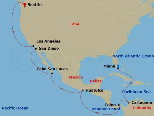 18 Night - MSC Grand Voyages - MSC Poesia - Starting in Miami, Florida, Cartagena CO, Colon, Panama, Cruising Panama Canal, Huatulco, Mexico, Cabo San Lucas, Mexico, San Diego, Los Angeles, Seattle, Washington itinerary map