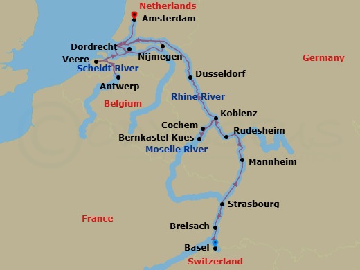 16 Night - Romantic Rhine & Moselle with Amsterdam - Scenic Pearl - Starting in Basel (Huningue), Breisach, Strasbourg, Mannheim, Rudesheim, Cochem, Bernkastel, Koblenz, Dusseldorf, Nijmegen, Antwerp, Veere, Dordrecht, Amsterdam itinerary map