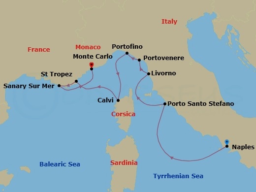 8 Night - Naples to Monte Carlo - World Traveller - Starting in Naples (Pompeii), Porto Santo Stefano, Livorno (Florence / Pisa), Porto Venere, (Cinque Terre), Portofino, Calvi, Saint-Tropez, Sanary-Sur-Mer (Bandol), Monte Carlo itinerary map