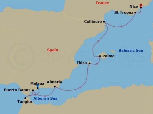 8 Night - Malaga to Nice - World Traveller - Starting in Malaga (Granada), Spain, Tangier, Morocco, Puerto Banus (Marbella), Almeria (Granada), Ibiza, Palma De Mallorca, Collioure, Saint-Tropez, Nice itinerary map