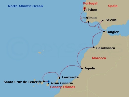 10 Night - Las Palmas to Lisbon - World Navigator - Starting in Las Palmas (Gran Canaria), Santa Cruz de Tenerife, Arrecife (Lanzarote), Agadir, Casablanca, Tangier, Morocco, Seville, Portimao, Lisbon itinerary map