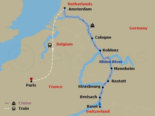 10 Night - Rhine Highlights with Paris - Scenic Ruby - Starting in Basel (Huningue), Breisach, Strasbourg / Rastatt, Mannheim, Koblenz, Cologne, Amsterdam, Amsterdam / Paris, Paris itinerary map