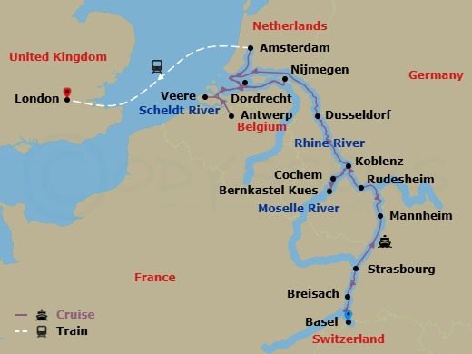 17 Night - Romantic Rhine & Moselle with London - Scenic Ruby - Starting in Basel (Huningue), Breisach, Strasbourg, Mannheim, Rudesheim, Cochem, Bernkastel, Koblenz, Dusseldorf, Nijmegen, Antwerp, Veere, Dordrecht, Amsterdam / London, London itinerary map