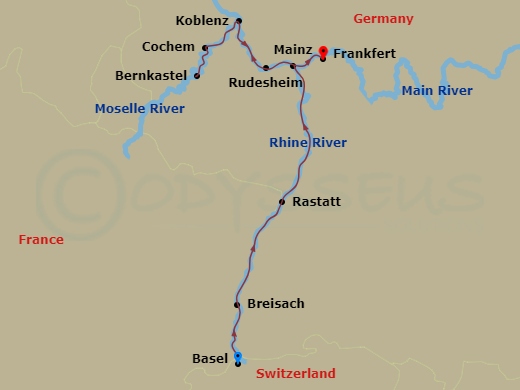 7 Night - Castles & Vineyards of the Rhine & Moselle - Scenic Pearl - Starting in Basel (Huningue), Breisach, Rastatt, Rudesheim, Cochem, Bernkastel, Koblenz, Mainz itinerary map