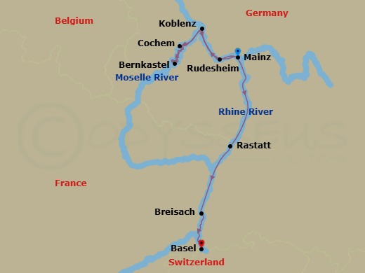7 Night - Castles & Vineyards of the Rhine & Moselle - Scenic Pearl - Starting in Mainz, Koblenz, Bernkastel, Cochem, Rudesheim, Rastatt, Breisach, Basel (Huningue) itinerary map