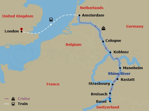 10 Night - Rhine Highlights with London - Scenic Pearl - Starting in Basel (Huningue), Breisach, Strasbourg / Rastatt, Mannheim, Koblenz, Cologne, Amsterdam, Amsterdam / London, London itinerary map