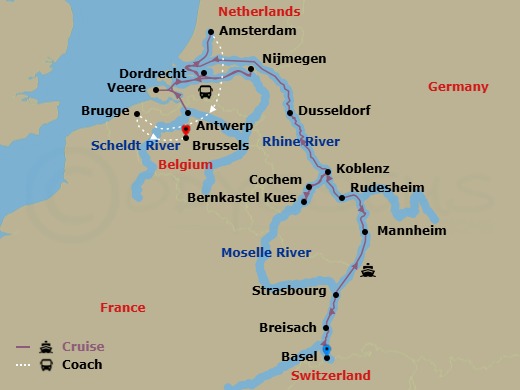 17 Night - Romantic Rhine & Moselle with Bruges - Scenic Opal - Starting in Basel (Huningue), Breisach, Strasbourg, Mannheim, Rudesheim, Cochem, Bernkastel, Koblenz, Dusseldorf, Nijmegen, Antwerp, Veere, Dordrecht, Amsterdam / Bruges, Bruges, Bruges / Brussels, Brussels itinerary map