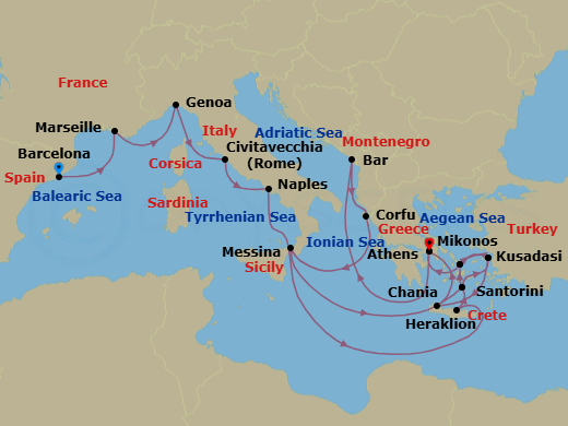 20 Night - The Best of the Mediterranean - Sun Princess - Starting in Barcelona, Spain, Marseille (Provence), France, Genoa (for Cinque Terre), Italy, Civitavecchia (for Rome), Italy, Naples, Italy (for Capri and Pompeii), Crete (Heraklion), Greece, Santorini, Greece, Kusadasi, Turkey (for Ephesus), Mykonos, Greece, Athens (Piraeus), Greece, Montenegro, Corfu, Greece, Sicily (Messina), Italy, Santorini, Greece, Mykonos, Greece, Kusadasi, Turkey (for Ephesus), Crete (Chania), Greece, Athens (Piraeus), Greece itinerary map