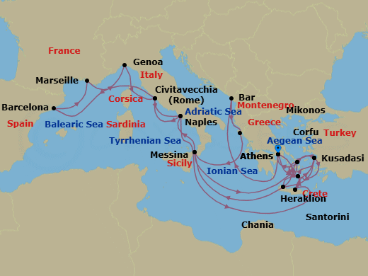 31 Night - The Best of the Mediterranean - Sun Princess - Starting in Athens (Piraeus), Greece, Montenegro, Corfu, Greece, Sicily (Messina), Italy, Santorini, Greece, Mykonos, Greece, Kusadasi, Turkey (for Ephesus), Crete (Chania), Greece, Athens (Piraeus), Greece, Crete (Heraklion), Greece, Kusadasi, Turkey (for Ephesus), Santorini, Greece, Mykonos, Greece, Crete (Chania), Greece, Sicily (Messina), Italy, Naples, Italy (for Capri and Pompeii), Civitavecchia (for Rome), Italy, Barcelona, Spain, Marseille (Provence), France, Genoa (for Cinque Terre), Italy, Civitavecchia (for Rome), Italy, Naples, Italy (for Capri and Pompeii), Crete (Heraklion), Greece, Santorini, Greece, Kusadasi, Turkey (for Ephesus), Mykonos, Greece, Athens (Piraeus), Greece itinerary map