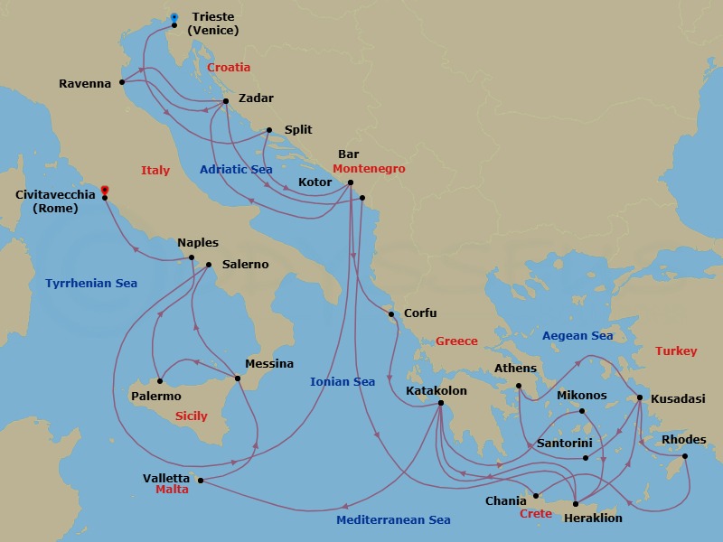 32 Night - The Best of the Mediterranean - Enchanted Princess - Starting in Trieste (for Venice), Italy, Split, Croatia, Kotor, Montenegro, Corfu, Greece, Katakolon (for Olympia), Greece, Mykonos, Greece, Crete (Heraklion), Greece, Kusadasi, Turkey (for Ephesus), Santorini, Greece, Athens (Piraeus), Greece, Kusadasi, Turkey (for Ephesus), Rhodes, Greece, Crete (Chania), Greece, Katakolon (for Olympia), Greece, Valletta, Malta, Sicily (Messina), Italy, Amalfi Coast (Salerno), Kotor, Montenegro, Zadar, Croatia, Ravenna, Italy, Zadar, Croatia, Montenegro, Crete (Heraklion), Greece, Katakolon (for Olympia), Greece, Valletta, Malta, Sicily (Messina), Italy, Sicily (Palermo), Italy, Naples, Italy (for Capri and Pompeii), Civitavecchia (for Rome), Italy itinerary map