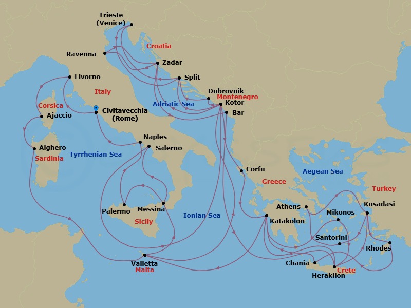 42 Night - The Best of the Mediterranean - Enchanted Princess - Starting in Civitavecchia (for Rome), Italy, Livorno (for Florence / Pisa), Italy, Corsica (Ajaccio), France, Sardinia (Alghero), Italy, Valletta, Malta, Kotor, Montenegro, Dubrovnik, Croatia, Split, Croatia, Trieste (for Venice), Italy, Split, Croatia, Kotor, Montenegro, Corfu, Greece, Katakolon (for Olympia), Greece, Mykonos, Greece, Crete (Heraklion), Greece, Kusadasi, Turkey (for Ephesus), Santorini, Greece, Athens (Piraeus), Greece, Kusadasi, Turkey (for Ephesus), Rhodes, Greece, Crete (Chania), Greece, Katakolon (for Olympia), Greece, Valletta, Malta, Sicily (Messina), Italy, Amalfi Coast (Salerno), Kotor, Montenegro, Zadar, Croatia, Ravenna, Italy, Zadar, Croatia, Montenegro, Crete (Heraklion), Greece, Katakolon (for Olympia), Greece, Valletta, Malta, Sicily (Messina), Italy, Sicily (Palermo), Italy, Naples, Italy (for Capri and Pompeii), Civitavecchia (for Rome), Italy itinerary map