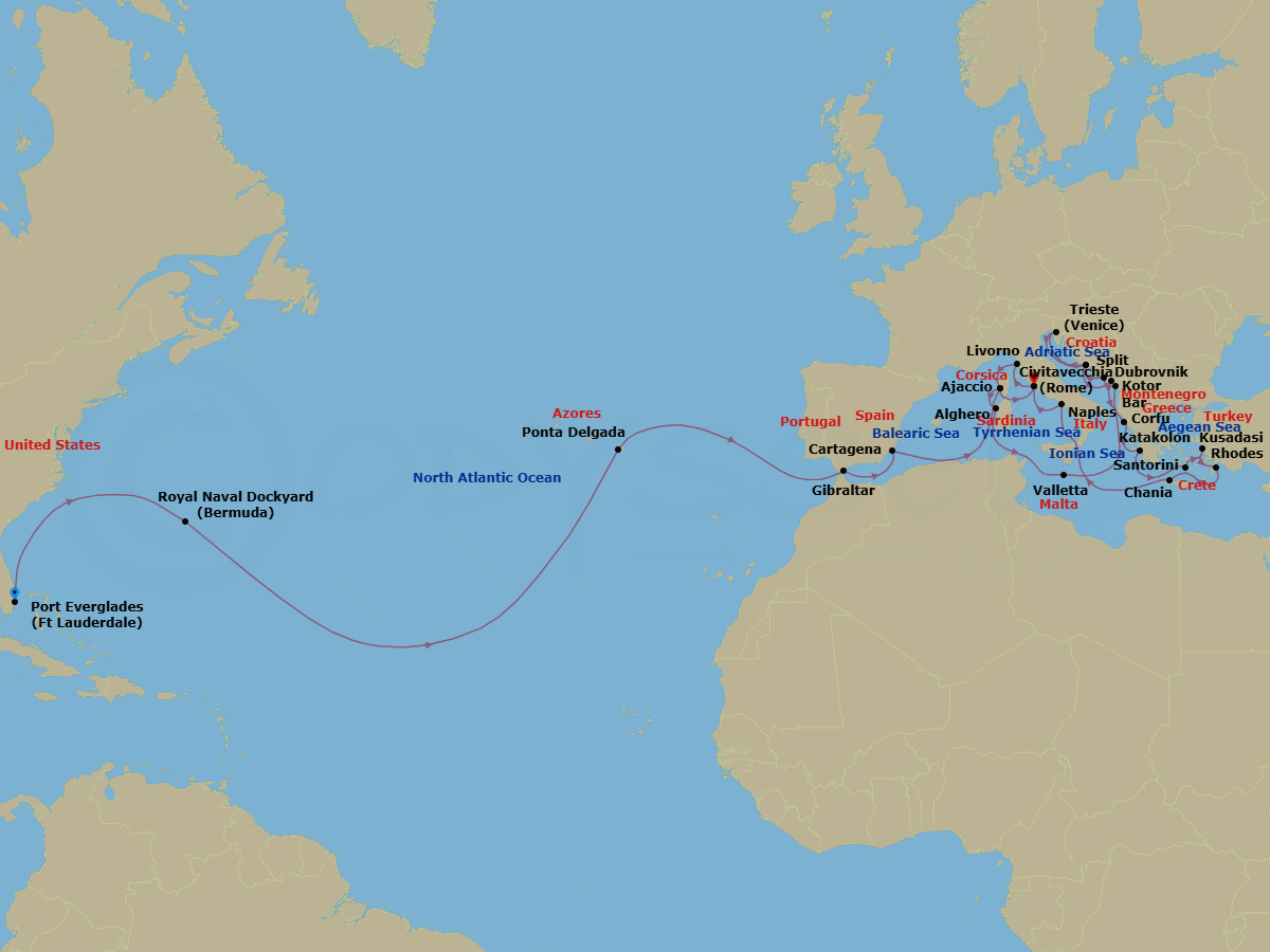 36 Night - Mediterranean & Aegean Grand Adventure - Enchanted Princess - Starting in Fort Lauderdale, Florida, Bermuda, Azores Islands (Ponta Delgada), Portugal, Gibraltar, Cartagena ES, Corsica (Ajaccio), France, Civitavecchia (for Rome), Italy, Livorno (for Florence / Pisa), Italy, Corsica (Ajaccio), France, Sardinia (Alghero), Italy, Valletta, Malta, Montenegro, Dubrovnik, Croatia, Split, Croatia, Trieste (for Venice), Italy, Split, Croatia, Kotor, Montenegro, Corfu, Greece, Katakolon (for Olympia), Greece, Santorini, Greece, Kusadasi, Turkey (for Ephesus), Rhodes, Greece, Crete (Chania), Greece, Naples, Italy (for Capri and Pompeii), Civitavecchia (for Rome), Italy itinerary map