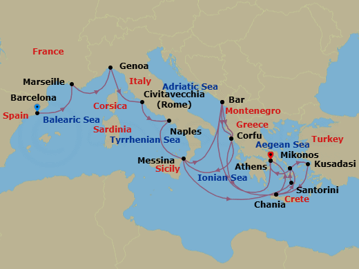 21 Night - The Best of the Mediterranean - Sun Princess - Starting in Barcelona, Spain, Marseille (Provence), France, Genoa (for Cinque Terre), Italy, Civitavecchia (for Rome), Italy, Naples, Italy (for Capri and Pompeii), Montenegro, Corfu, Greece, Crete (Chania), Greece, Mykonos, Greece, Athens (Piraeus), Greece, Montenegro, Corfu, Greece, Sicily (Messina), Italy, Santorini, Greece, Mykonos, Greece, Kusadasi, Turkey (for Ephesus), Crete (Chania), Greece, Athens (Piraeus), Greece itinerary map