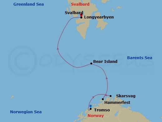 8 Night - Tromso to Longyearbyen - World Navigator - Starting in Tromso, Skarsvag (North Cape), Hammerfest, Bear Island, Norway / Captains Choice, Exploring Svalbard / Captains Choice, Longyearbyen, Svalbard itinerary map