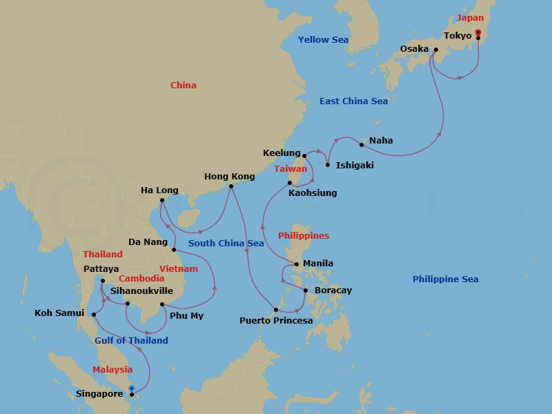 28 Night - Southeast Asia, the Philippines, Taiwan & Japan - Westerdam - Starting in Singapore, Nathon (Koh Samui), Thailand, Pattaya (Bangkok), Thailand, Sihanoukville, Cambodia, Phu My, Vietnam, Da Nang (Hue), Vietnam, Halong Bay, Vietnam, Hong Kong, China, Puerto Princesa, Philippines, Boracay, Philippines, Manila, Philippines, Kaohsiung, Taiwan, Keelung (Taipei), Taiwan, Ishigaki Island, Japan, Naha, Japan, Osaka, Japan, Tokyo, Japan itinerary map