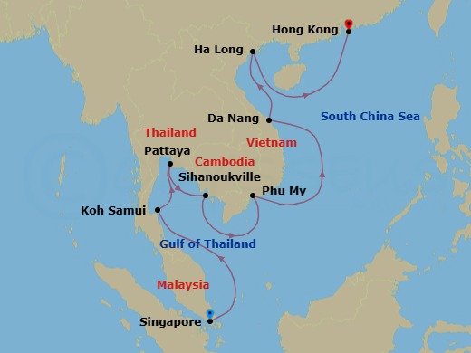 14 Night - Far East Discovery - Westerdam - Starting in Singapore, Nathon (Koh Samui), Thailand, Pattaya (Bangkok), Thailand, Sihanoukville, Cambodia, Phu My, Vietnam, Da Nang (Hue), Vietnam, Halong Bay, Vietnam, Hong Kong, China itinerary map