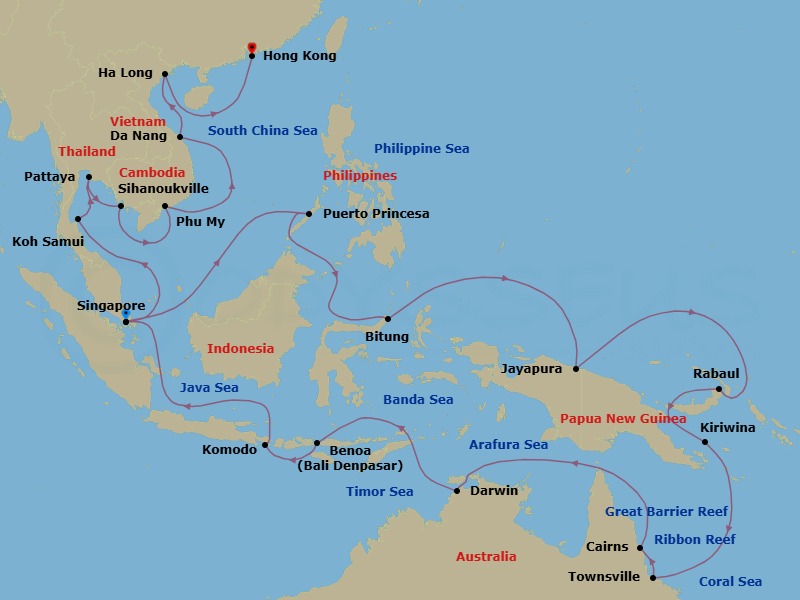 42 Night - Coral Triangle, Great Barrier Reef & Southeast Asia - Westerdam - Starting in Singapore, Puerto Princesa, Philippines, Bitung, Sulawesi, Indonesia, Jayapura, Indonesia, Rabaul, Papua New Guinea, Kiriwina Island, Papua New Guinea, Townsville, Australia, Cairns, Australia, At Sea (Great Barrier Reef), The Ribbon Reef Region, At Sea (Great Barrier Reef), The Far North Region, Scenic Cruising Torres Strait, Darwin, Australia, Scenic cruising Batu Tara Volcano, Slawi Bay, Komodo Island, Indonesia, Benoa (Denpasar), Bali, Indonesia, Scenic cruising Krakatau Volcano, Singapore, Nathon (Koh Samui), Thailand, Pattaya (Bangkok), Thailand, Sihanoukville, Cambodia, Phu My, Vietnam, Da Nang (Hue), Vietnam, Halong Bay, Vietnam, Hong Kong, China itinerary map