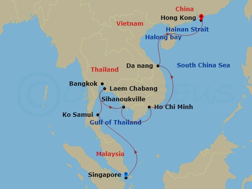 14 Night - Far East Discovery - Westerdam - Starting in Singapore, Nathon (Koh Samui), Thailand, Laem Chabang (Bangkok), Thailand, Sihanoukville, Cambodia, Phu My, Vietnam, Da Nang (Hue), Vietnam, Halong Bay, Vietnam, Hong Kong, China itinerary map