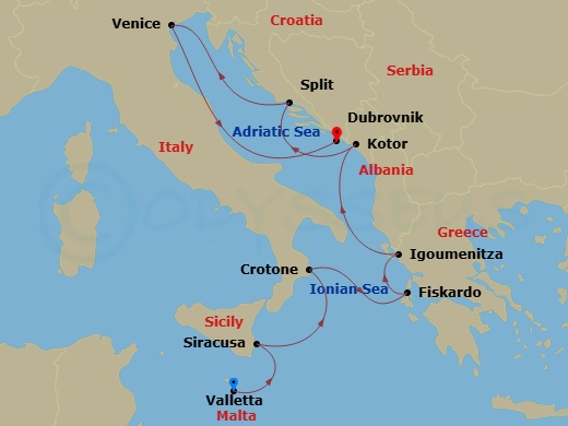 10 Night - Valletta to Dubrovnik - World Traveller - Starting in Valletta, Syracuse IT (Sicily), Crotone (Calabria), Fiskardo (Cephalonia), Igoumenitsa, Kotor, Split, Venice, Italy, Dubrovnik (Old Town) itinerary map