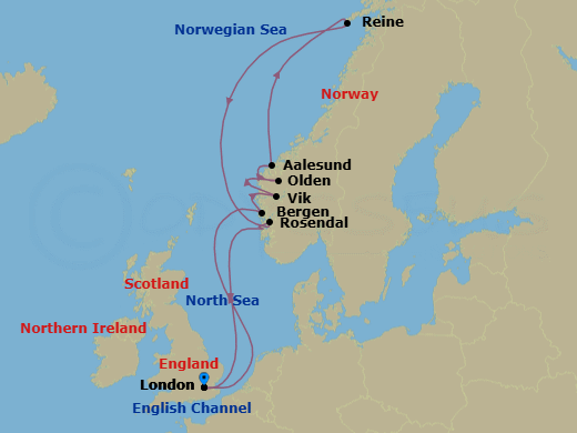 14 Night - London Roundtrip - World Voyager - Starting in London (Tower Bridge), Bergen, Sognefjord Scenic Navigation, Vik (Sognefjord), Sognefjord Scenic Navigation, Olden, Alesund, Reine (Lofoten Islands), Norway, Rosendal, London (Tower Bridge) itinerary map
